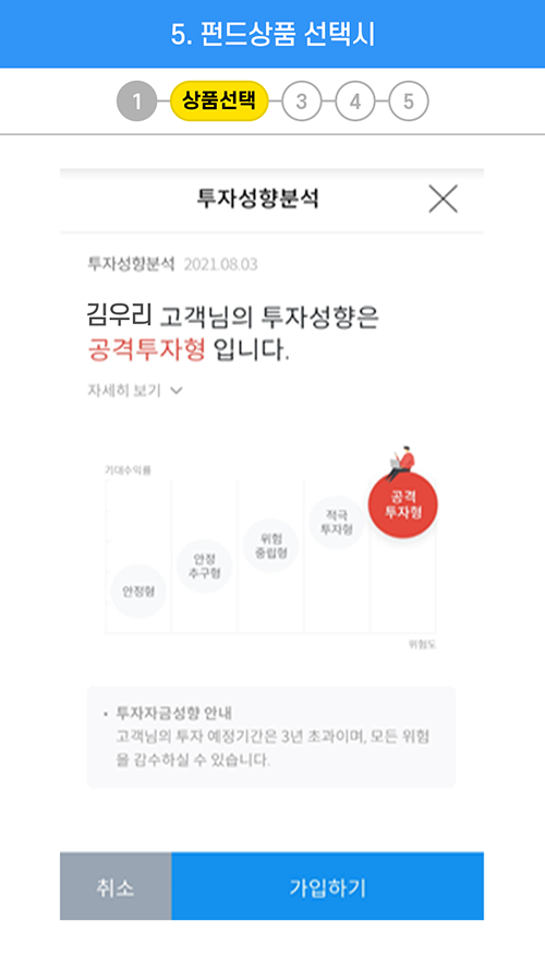 5.펀드상품 선택시 : 투자자성향분석 결과 확인